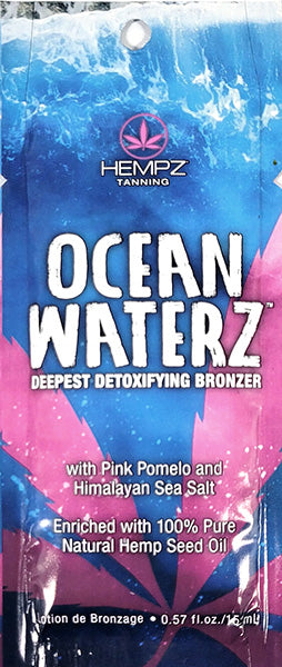 Hempz Tanning Ocean Waterz packaging with blue and pink design