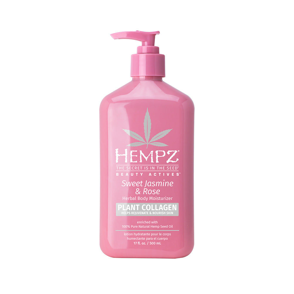 Pink bottle of Hempz Sweet Jasmine & Rose Herbal Body Moisturizer on a white background
