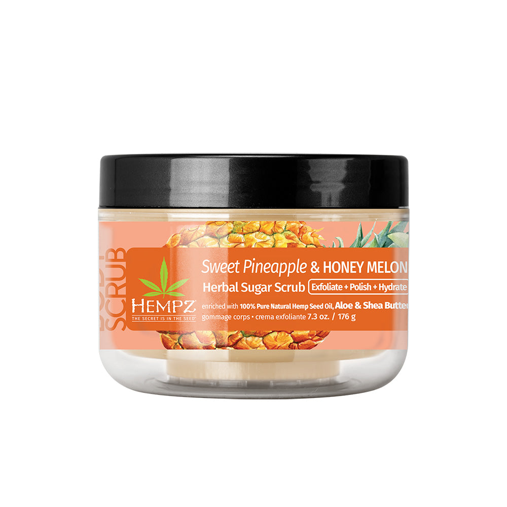Jar of Hempz Sweet Pineapple & Honey Melon Herbal Sugar Scrub on a white background