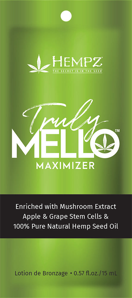 Green packaging of Hempz Truly Mello Maximizer lotion with branding and product details.