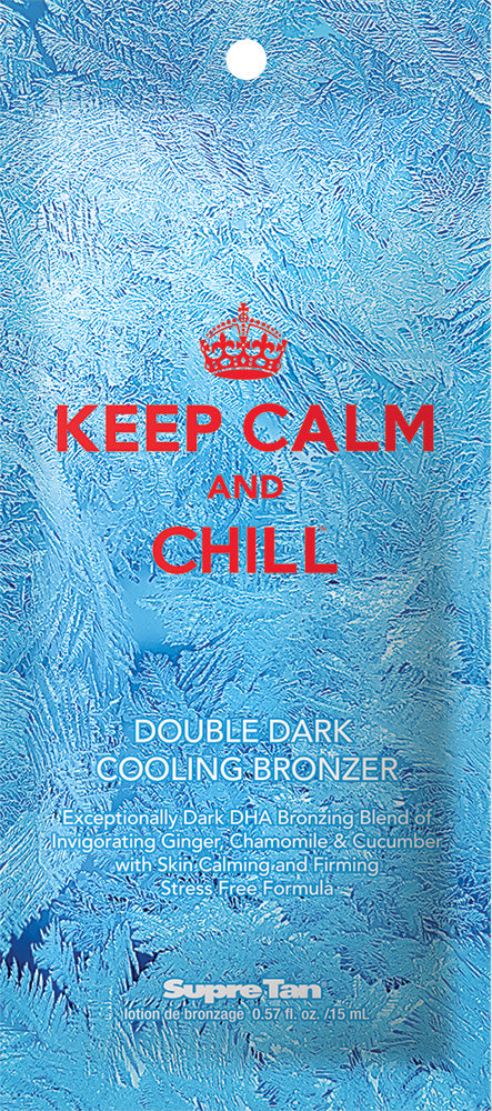 Product packaging with 'Keep Calm and Chill' text on a blue background
