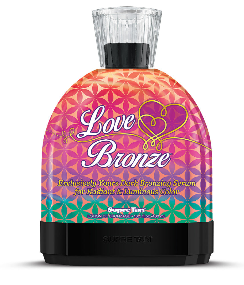 SupreTan Love Bronze tanning lotion bottle with colorful label on a white background