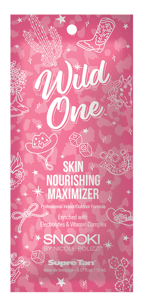 Pink packaging of 'Wild One' skin nourishing maximizer with decorative elements on a white background.