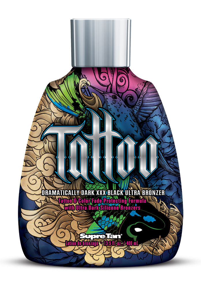 Supre Tan Tattoo Ultra Bronzer bottle with colorful design on a white background