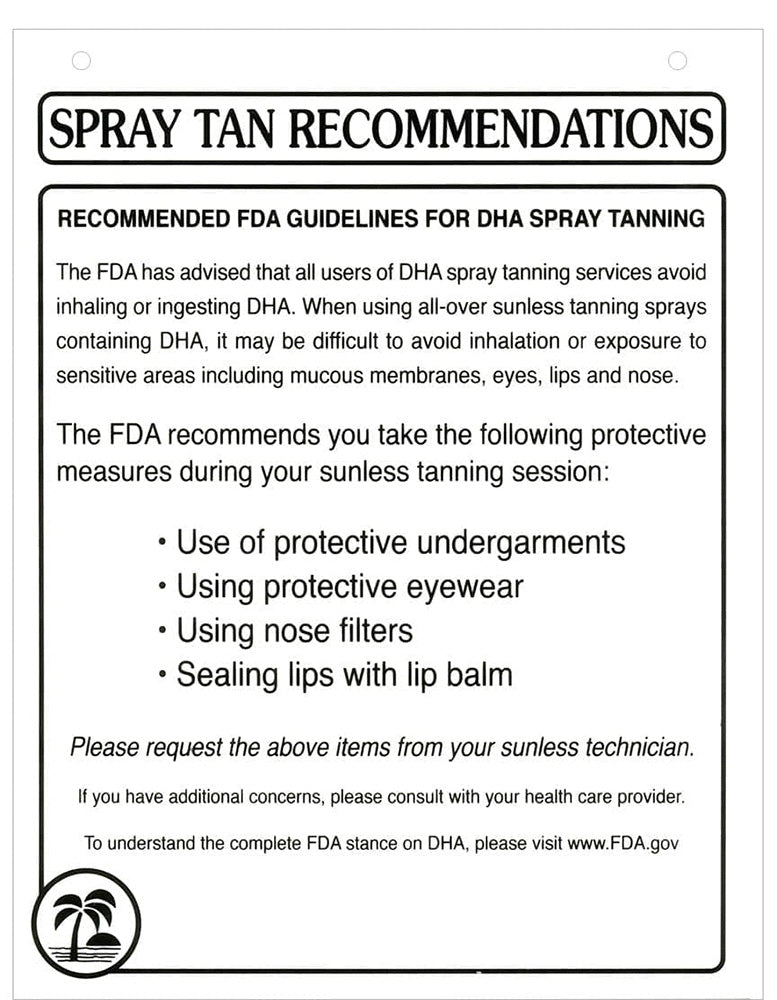 Spray tan recommendations sign with FDA guidelines on a white background