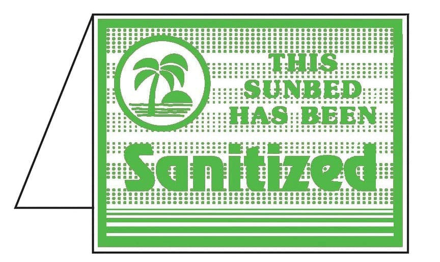 Green sign with palm tree logo and text 'This sunbed has been sanitized' on a white background