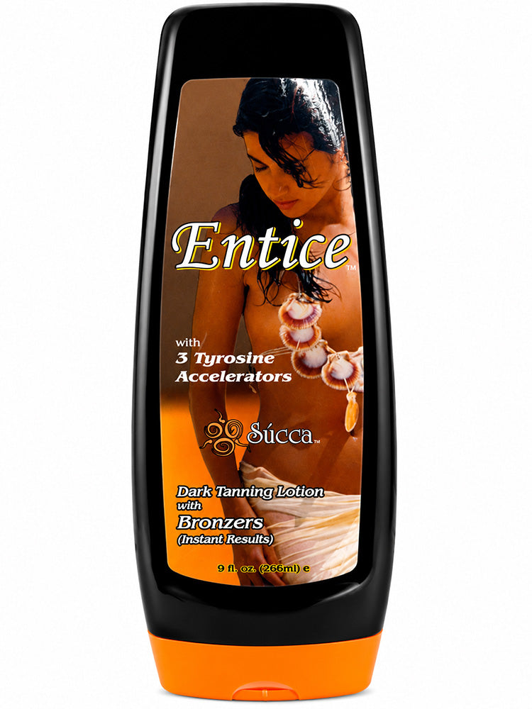 Succa Entice dark tanning lotion bottle with a model on the label