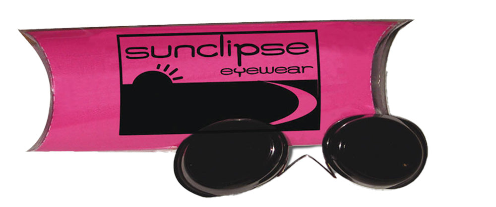 Black sunglasses in a pink 'suncclipse eyewear' packaging on a white background