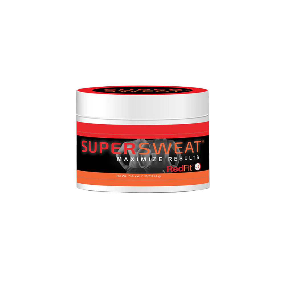 SuperSweat container with red and black label on a white background