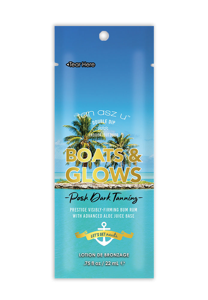 Boats & Glows tanning lotion packaging with palm trees and blue sky.