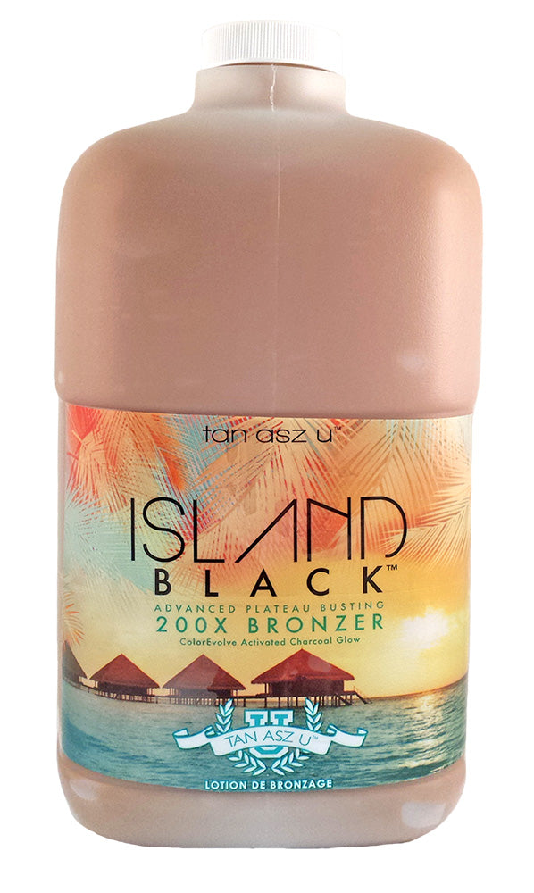 Tanning lotion bottle with island background featuring 'Island Black 200x bronzer' on a white background.