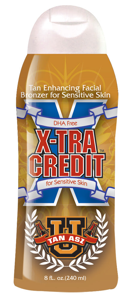 Tan enhancing facial bronzer for sensitive skin with branding on a white background