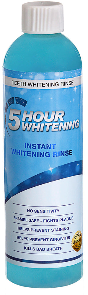 5 Hour Whitening teeth whitening rinse bottle with blue and white design.