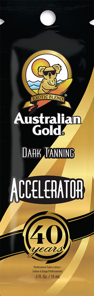 Australian Gold tanning accelerator packaging with logo and text on a black and gold background
