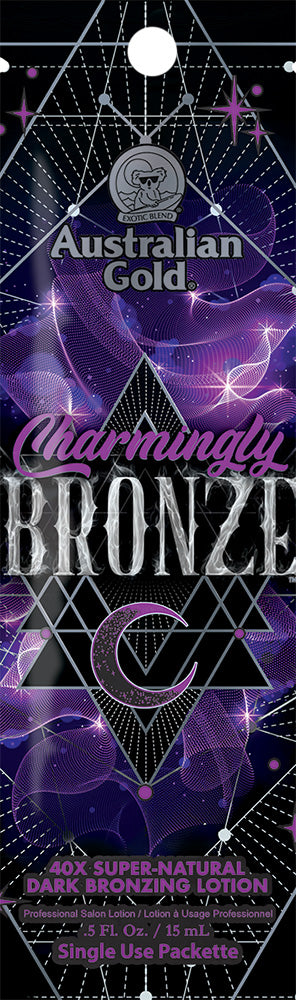Australian Gold Charmingly Bronze tanning lotion packet with geometric design and purple color scheme.