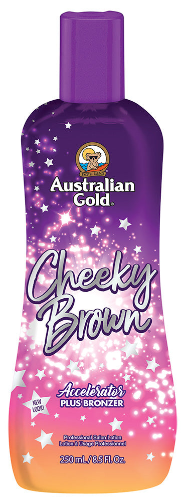 Australian Gold Cheeky Brown Accelerator Plus Bronzer on a purple and pink gradient bottle.
