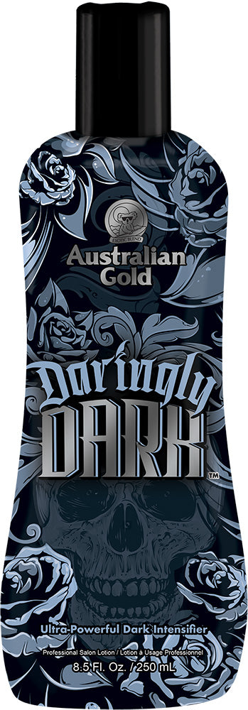Australian Gold Daringly Dark tanning lotion bottle with skull and roses design.