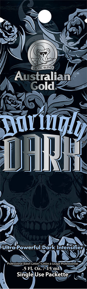 Australian Gold Darkly Dark tanning lotion packaging with roses and skull design.