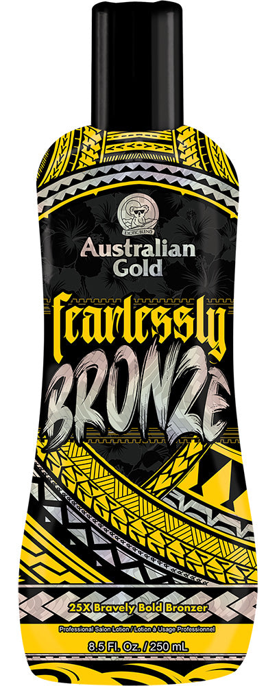 Australian Gold Fearlessly Bronze tanning lotion bottle with black, yellow, and white design.