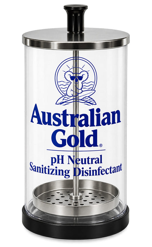 A clear cylindrical container labeled 'Australian Gold pH Neutral Sanitizing Disinfectant' with a black top knob, silver metal rim and base, and blue printed branding on a white background.
