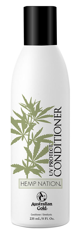 White bottle of Australian Gold Hemp Nation UV Protect Conditioner with black cap and green leaf design.