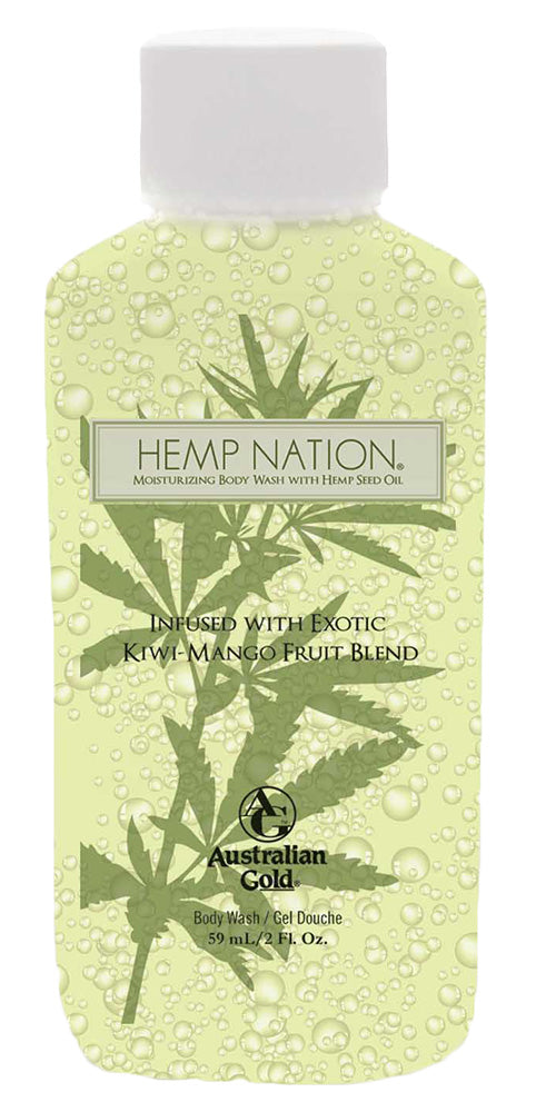 A bottle of Hemp Nation body oil with a white cap, featuring a pale yellow-green label with water droplets, a cannabis leaf illustration, and text reading 'Hemp Nation' and 'Australian Gold'.