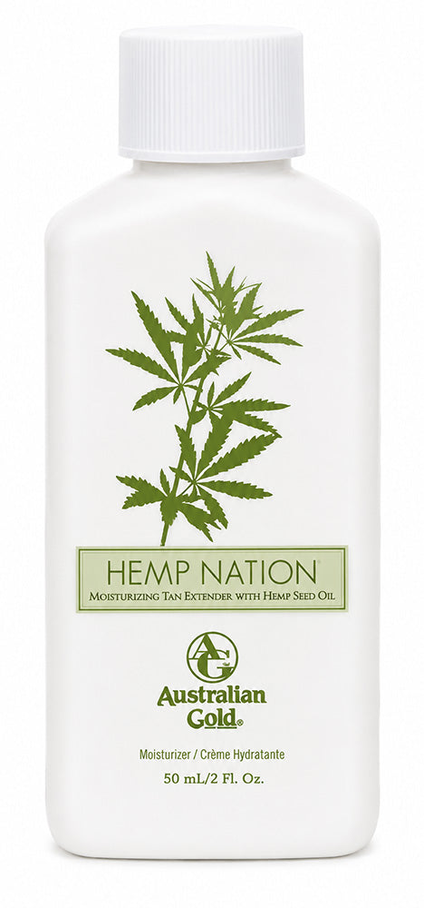 Bottle of Hemp Nation Australian Gold tanning lotion with a cannabis leaf design on a white background