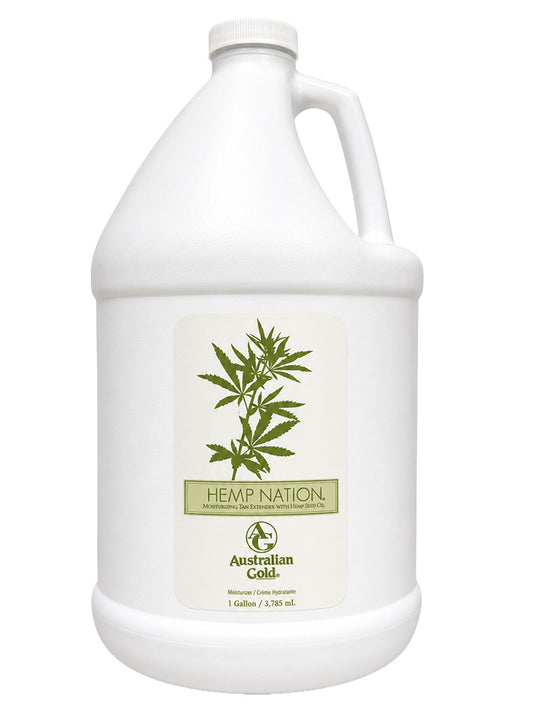 White bottle with 'Hemp Nation' label featuring cannabis leaves on a white background