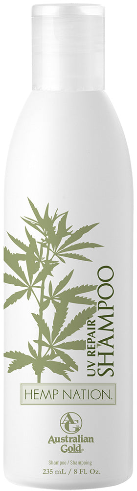 Shampoo bottle with hemp leaves and 'Hemp Nation' branding on a white background