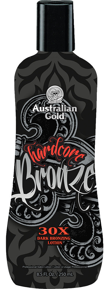 Australian Gold HardcoreBronze 30X Dark Bronzing Lotion bottle on a black background