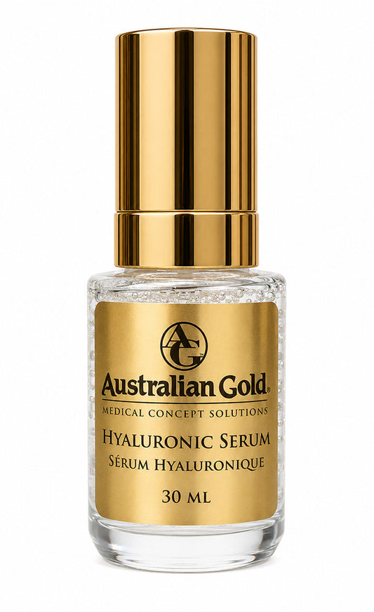 Australian Gold Hyaluronic Serum in a 30 ml clear glass bottle with a shiny gold cap and a gold label.
