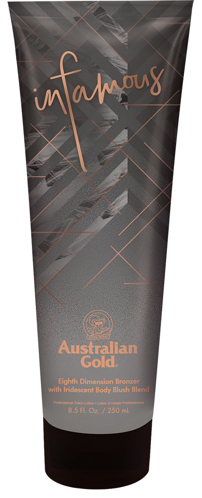 Tube of Australian Gold body wash with 'infamous' branding on a dark background