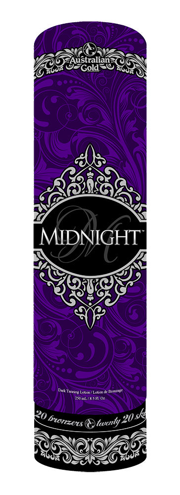 A tall cylindrical bottle of Midnight by Australian Cam, featuring a deep purple damask pattern with ornate silver filigree and a black central label with the brand name 'MIDNIGHT' in white.