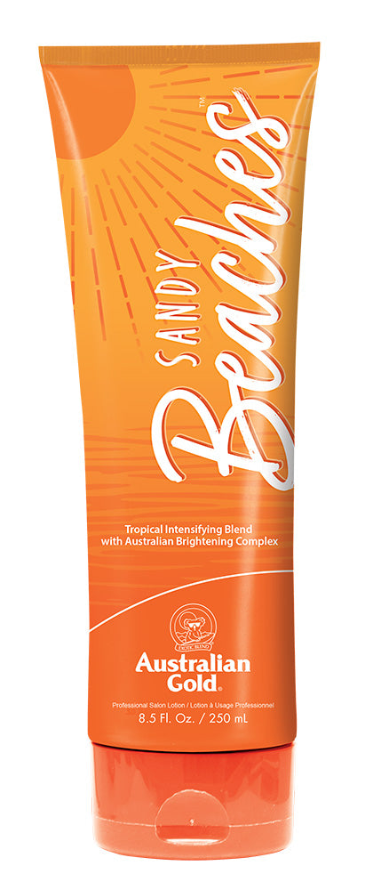 Australian Gold Sandy Beaches sunscreen lotion tube on a white background