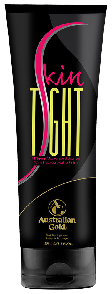 Black tube of Australian Gold Skin Tight tanning lotion with pink and yellow text.