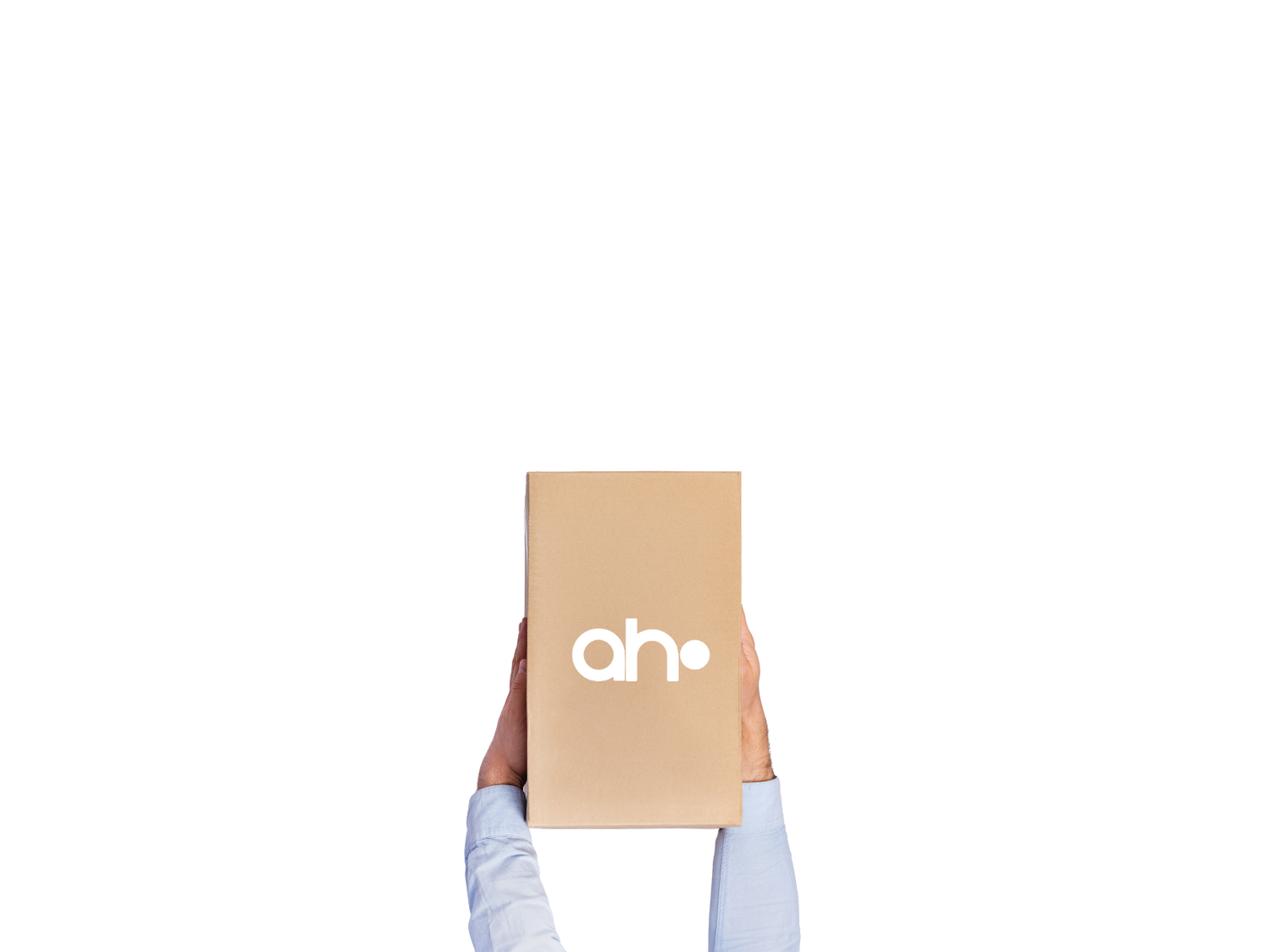 A person holding a plain brown cardboard box with a white 'ah' logo on the front, shown against a solid white background.