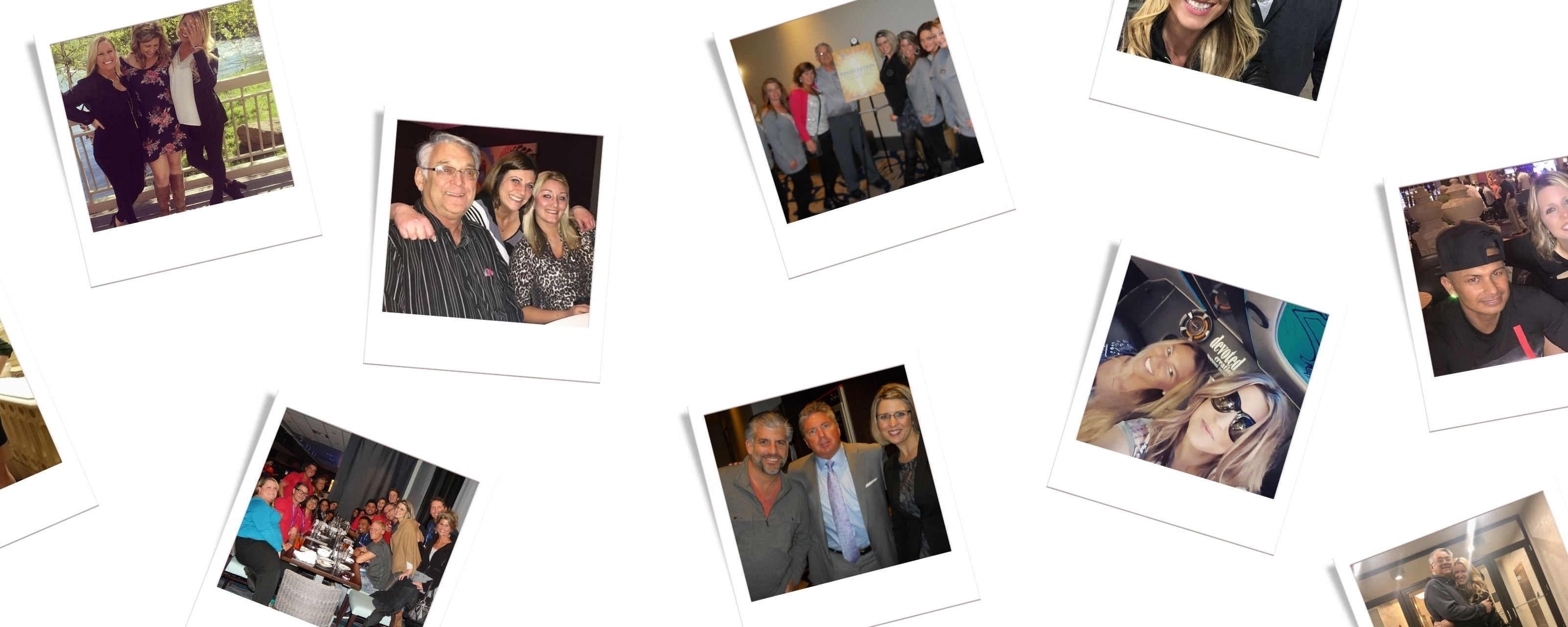 A collage of multiple tilted instant photo prints scattered on a white background, each showing different people in social or event settings.