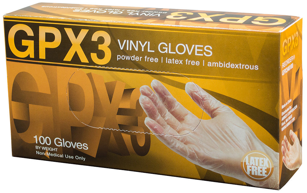 Box of GPX3 vinyl gloves with a hand wearing a glove on a yellow background