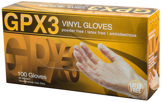 Box of GPX3 vinyl gloves with a hand wearing a glove on a yellow background