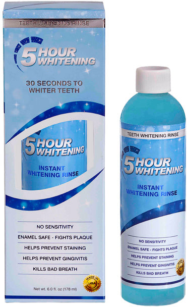 5 Hour Whitening instant whitening rinse packaging and bottle on a white background