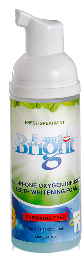 Fresh spearmint Bright teeth whitening foam bottle with spearmint flavor on a white background