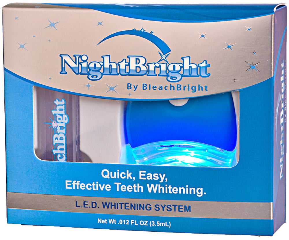 Box of NightBright by BleachBright teeth whitening system with blue and beige design.