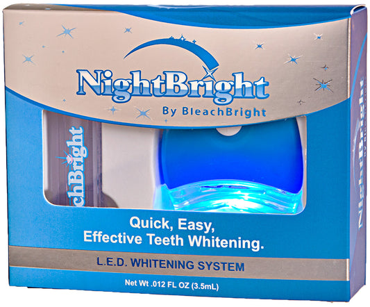 Box of NightBright by BleachBright teeth whitening system with blue and beige design.