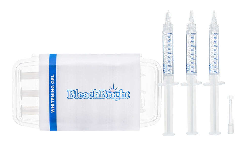 BleachBright teeth whitening kit with syringes and a pouch on a white background