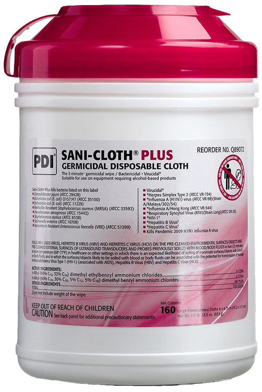 Container of Sani-Cloth Plus germicidal disposable cloths with red lid and white body.