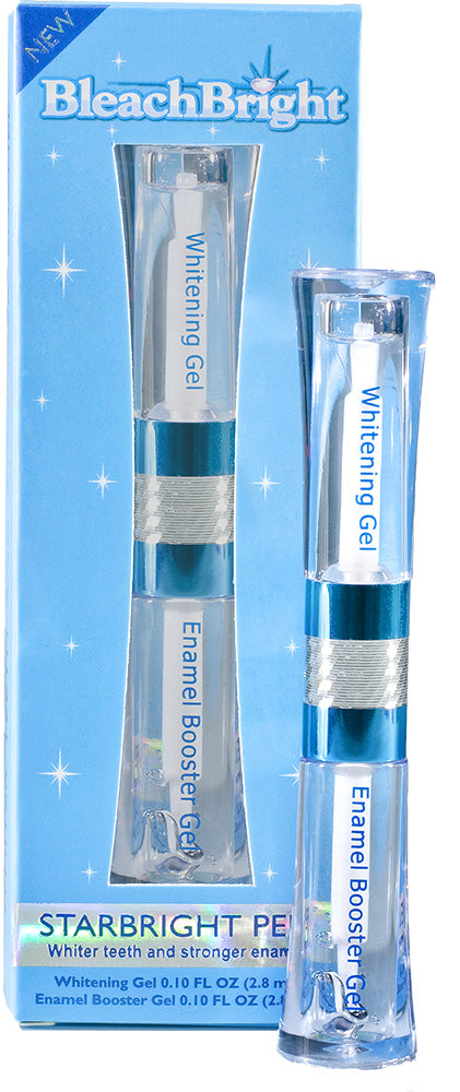 Bleach Bright Whitening Gel packaging with two bottles and a box on a light blue background.