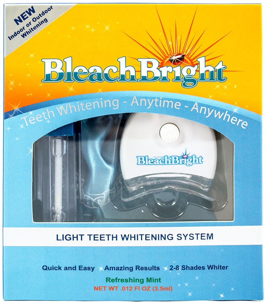 Bleach Bright teeth whitening system packaging with a blue and orange design.
