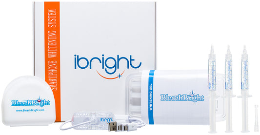 BleachBright teeth whitening system with packaging and syringes on a white background