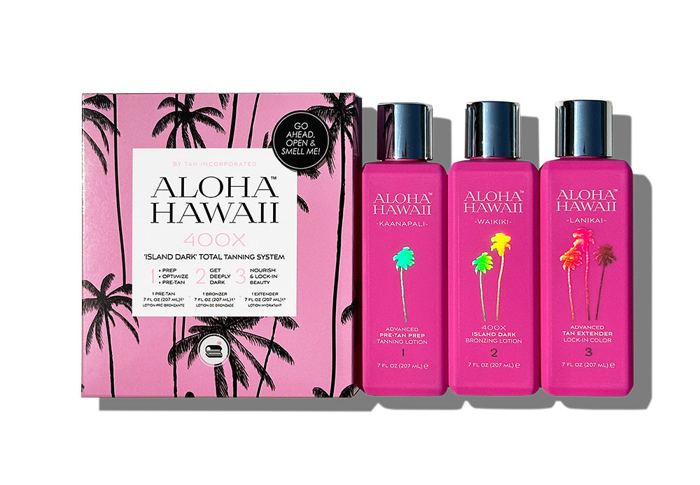 Aloha Hawaii tanning product set with pink packaging and tropical designs.