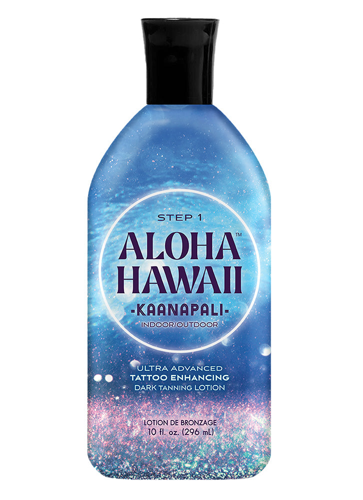 A bottle of Aloha Hawaii tattoo enhancing lotion on a white background